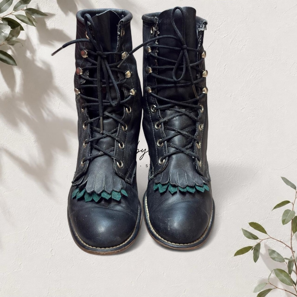 Laredo Vintage Black Leather Kiltie Packer Roper Boots Green Fringe Western